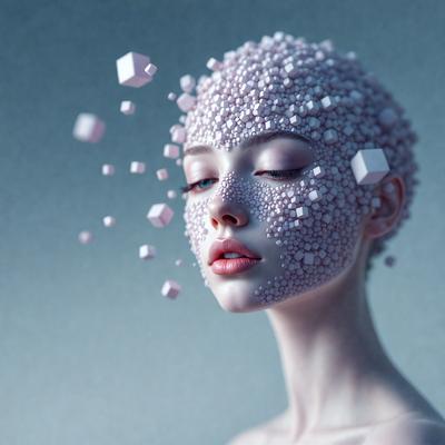The primary subject of the image is a woman with a unique and artistic appearance. She has a headpiece made of white cubes, giving her a distinctive look. The setting is a dark background, which contrasts with the bright white cubes on her head. The visual style of the image is a combination of digital art and illustration, creating a striking and memorable image. The colors and mood of the image are predominantly white, giving it a clean and minimalist feel.